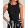 Crew Neck Rib Knit Tie Waist Sleeveless Midi Dress
