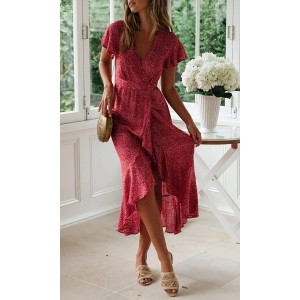 Floral Print Wrap V Neck Short Sleeve Slit Dress