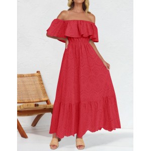 Off-the-shoulder ruffled high waist midi dress