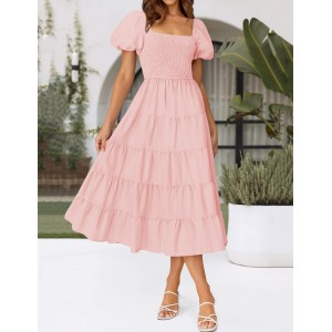 Pink Square Neck Short Puff Sleeve Dress