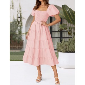 Pink Square Neck Short Puff Sleeve Dress