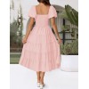 Pink Square Neck Short Puff Sleeve Dress