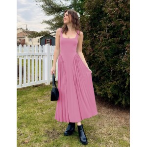 Pink Summer Sleeveless Square Neck Sundress