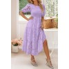 Puff Sleeve Round Neck Ruffled Floral Lace Dress