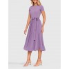 Purple Short Sleeve Midi Dress with Bow Waist