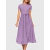 Purple Short Sleeve Midi Dress with Bow Waist