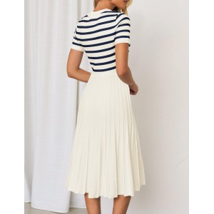 Round Neck Short Sleeve Striped Midi Dress