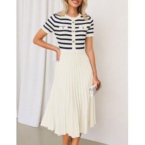 Round Neck Short Sleeve Striped Midi Dress