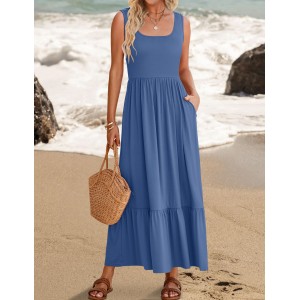 Sleeveless Square Neck Ruffle Hem Pocket Dress