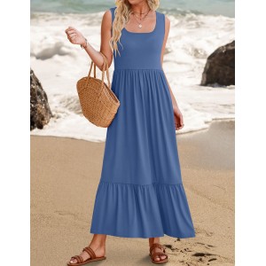 Sleeveless Square Neck Ruffle Hem Pocket Dress