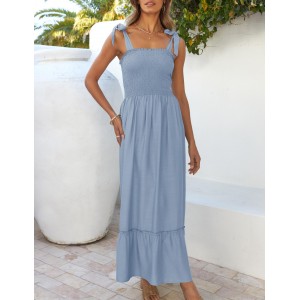 Square Neck Solid Ruffle A-Line Beach Dress