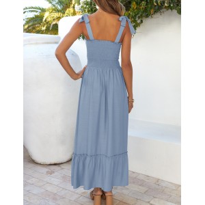 Square Neck Solid Ruffle A-Line Beach Dress