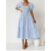 Summer Blue Plaid Square Neck Puff Sleeve Dress