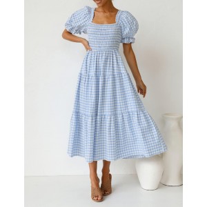 Summer Blue Plaid Square Neck Puff Sleeve Dress
