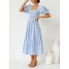 Summer Blue Plaid Square Neck Puff Sleeve Dress