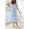 Summer Blue Plaid Square Neck Puff Sleeve Dress