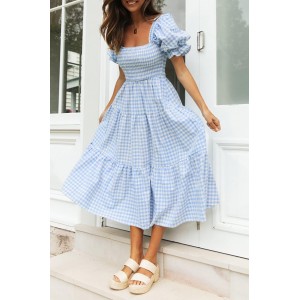 Summer Blue Plaid Square Neck Puff Sleeve Dress