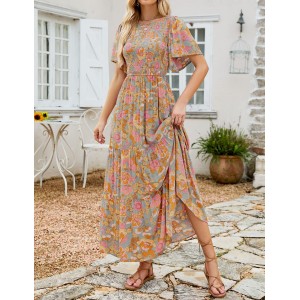 Summer Casual Floral Print Crew Neck Dress