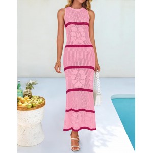 Summer sleeveless hollow striped beach long dress